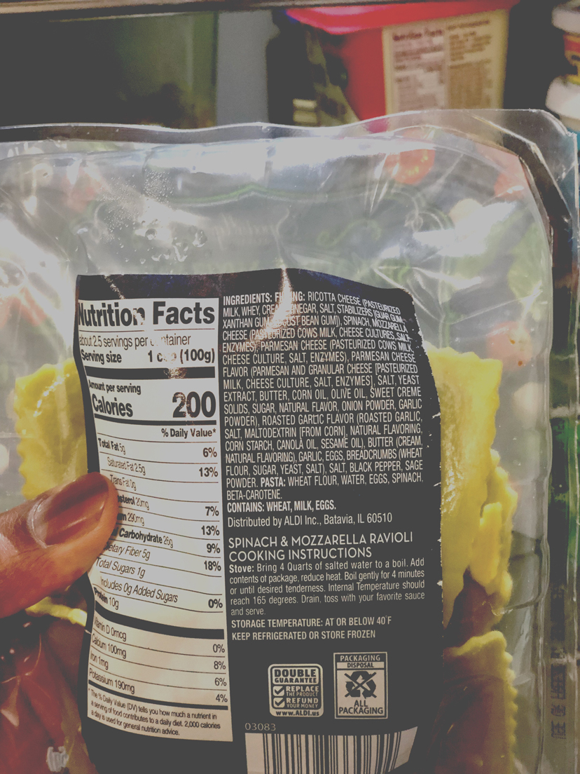 A pasta nutrition label listing ingredients and nutritional information.
