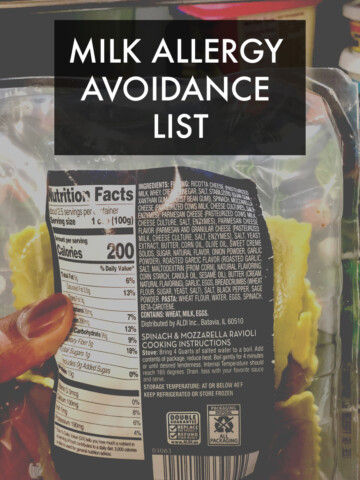 The words Milk allergy avoidance list overlayed onto a bag of pasta.