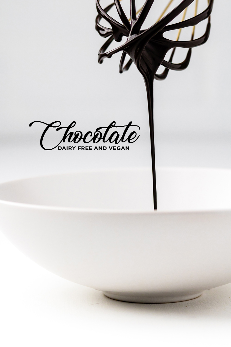 the words chocolate dairy free and vegan pouring into a bowl.