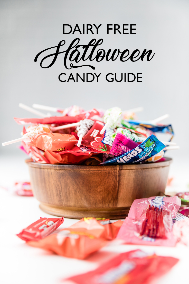 the words dairy free halloween candy guide overlayed onto a bowl of candy.
