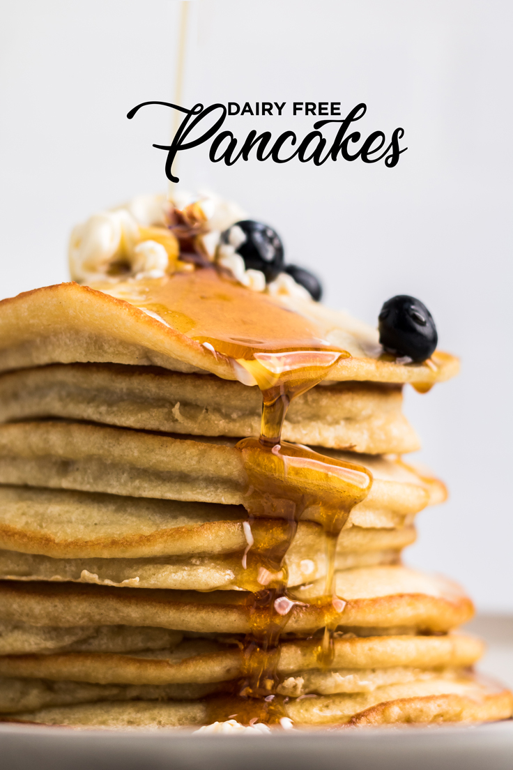 the words dairy free pancakes overlayed onto a stack of pancakes.