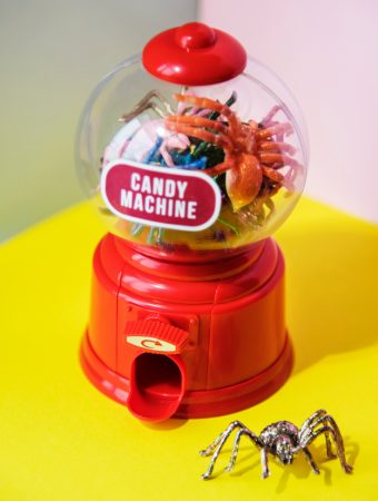 a gum ball machine that says candy machine on it and filled with toy play spiders.