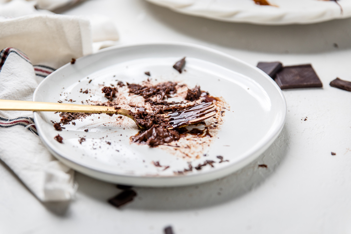 a white plate with chocolate frosting and a fork representing a missing piece of chocolate cake.