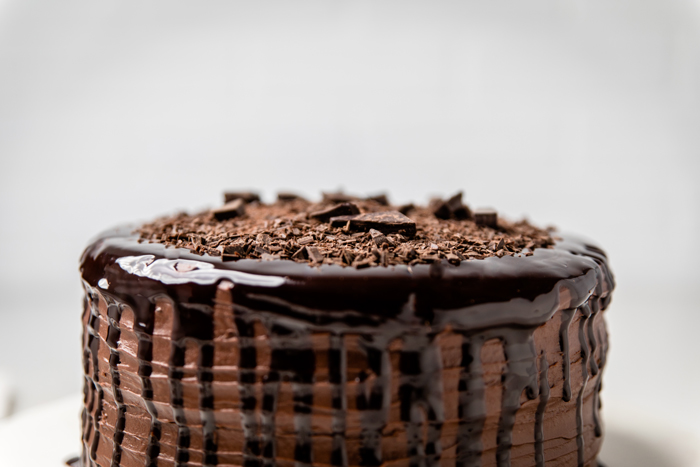 a triple layered dairy free chocolate cake.