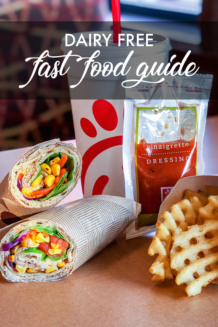 the words dairy free fast food guide overlayed onto a table of chickfila items.