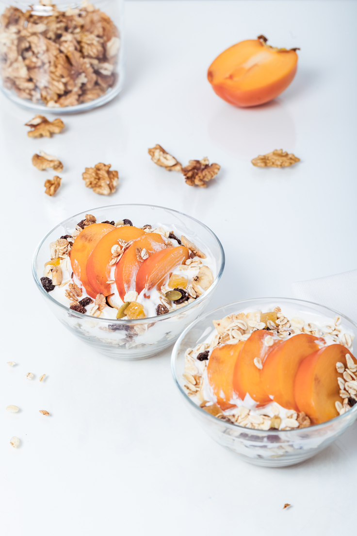two bowls of yogurt with fresh peaches, granola and dried fruit.