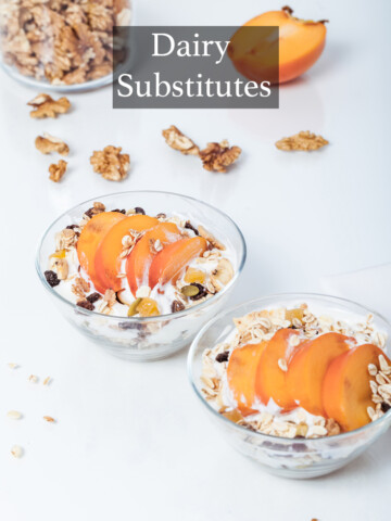two bowls of yogurt with fresh peaches, granola and dried fruit with words dairy substitutes overlayed.