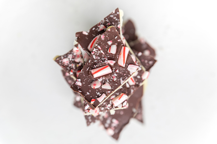 a stack of peppermint vegan chocolate bark.