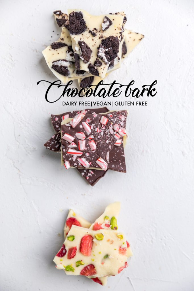 the words chocolate bark dairy free vegan gluten free overlayed across chocolate bark.
