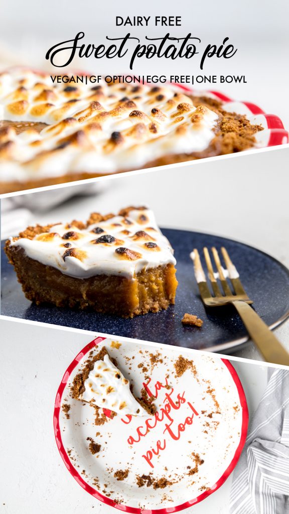 a collage of dairy free sweet potato pie. 