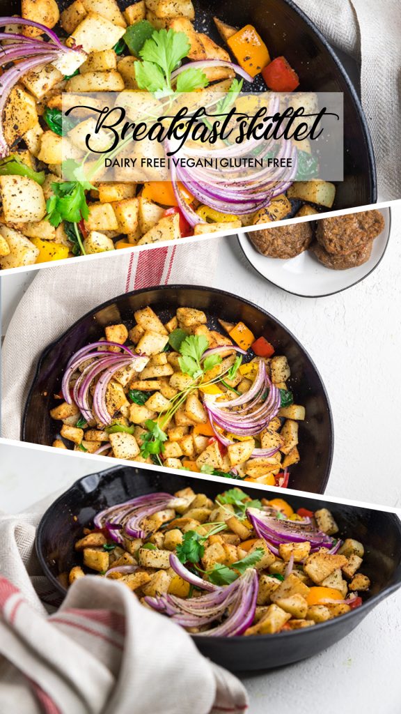 A collage of vegan skillet breakfasts.