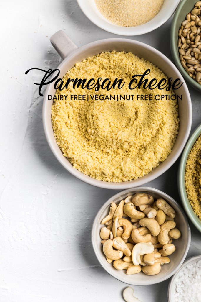 the words parmesan cheese dairy free vegan nut free option overlayed across cashew parmesan.