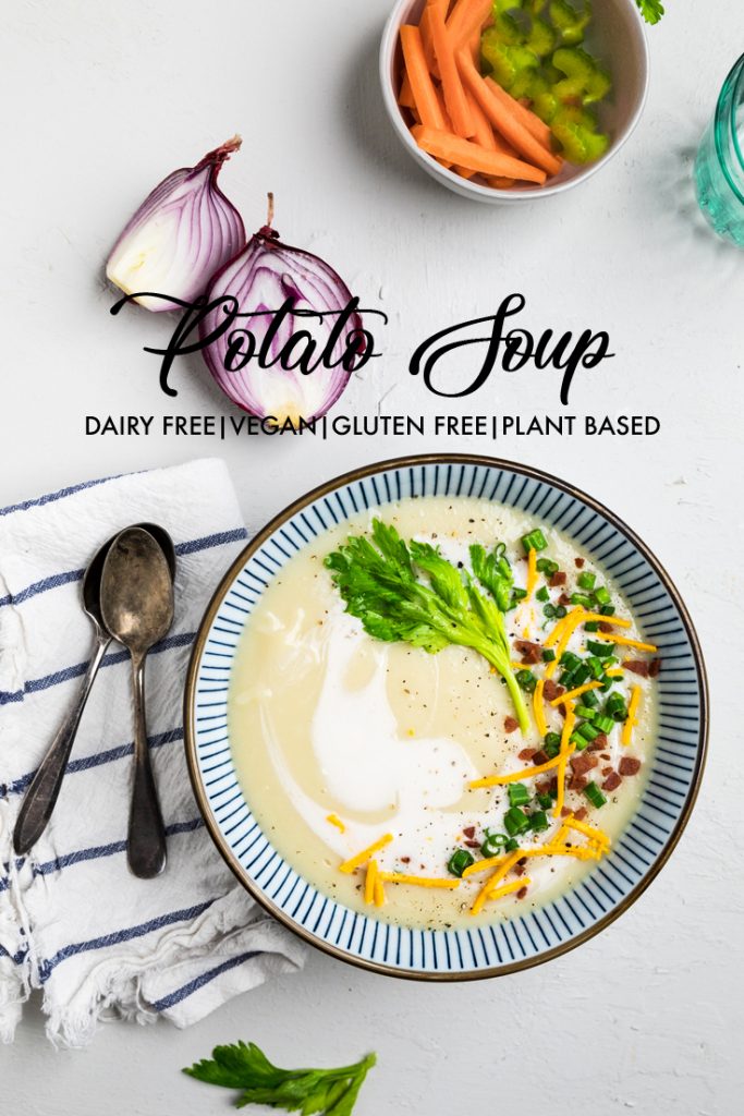 the words potato soup dairy free vegan gluten free plant based across a bowl of soup.