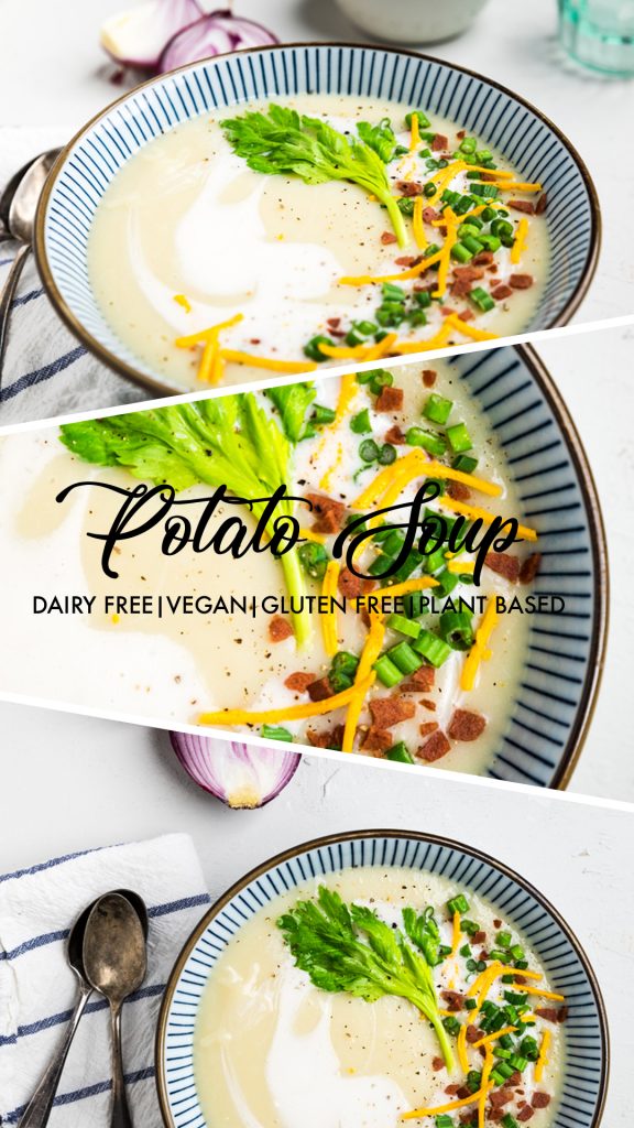 a collage of Dairy free potato soup.