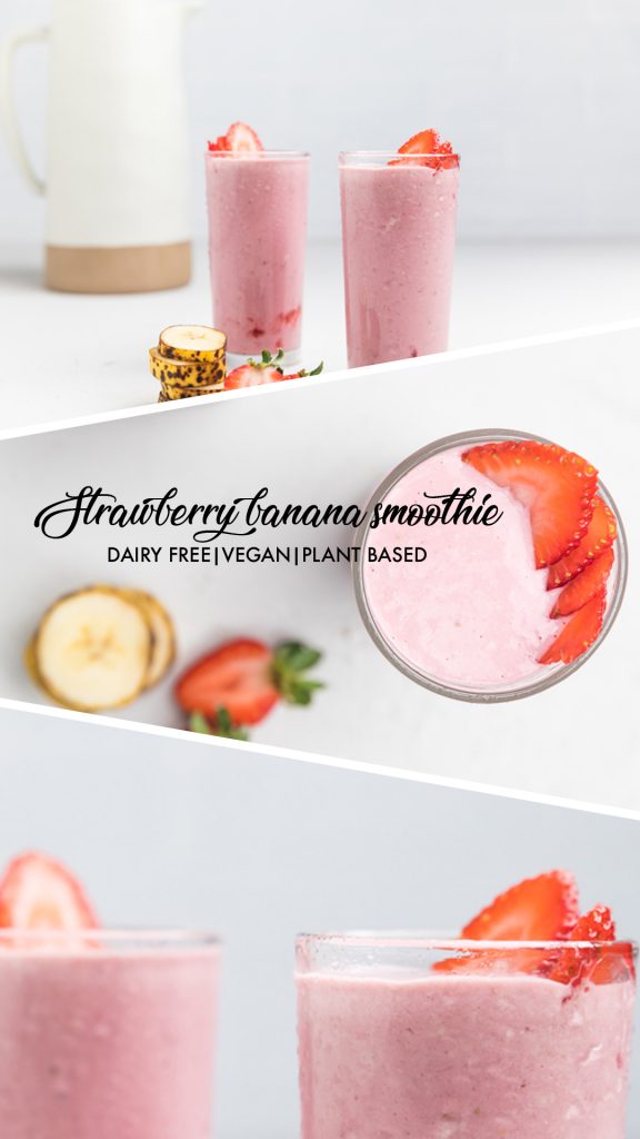 a collage of dairy free strawberry banana smoothie.