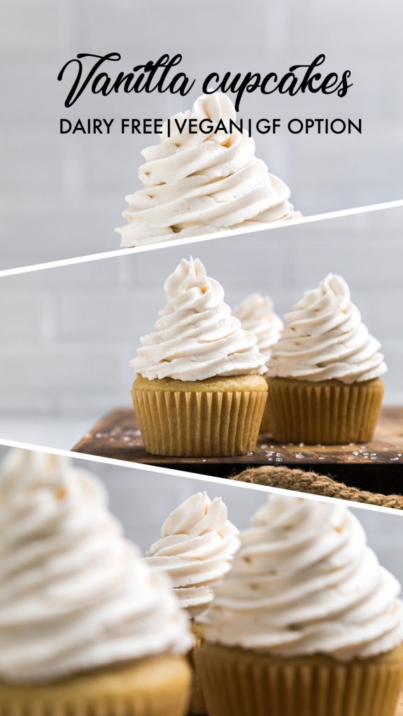 collage of vegan vanilla cupcakes.