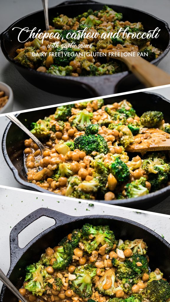 Collage of vegan broccoli cashews and chickpeas with garlic sauce skillet.