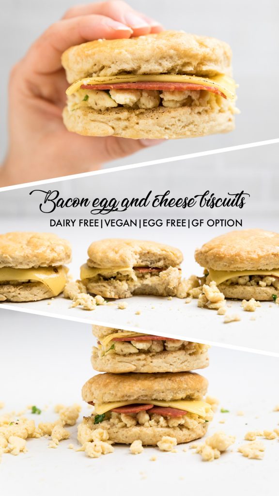 a collage of dairy free bacon egg and cheese biscuits.