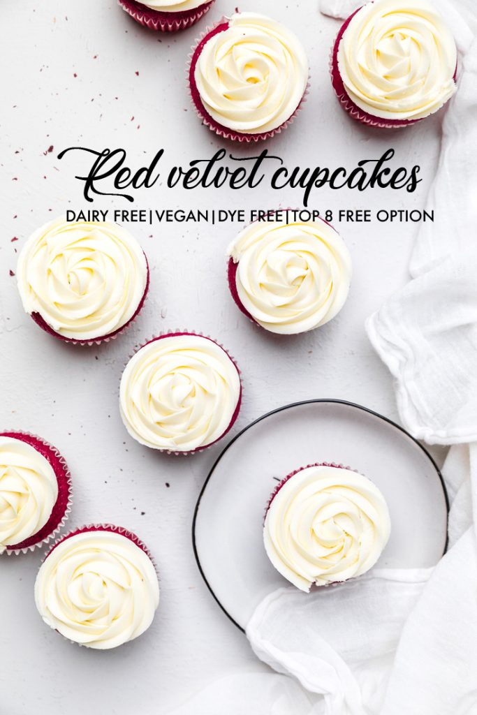 the words red velvet cupcakes dairy free vegan dye free top 8 free option overlayed onto cupcakes.