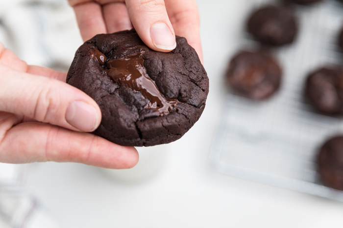 a hand holding a dairy free triple chocolate cookie.