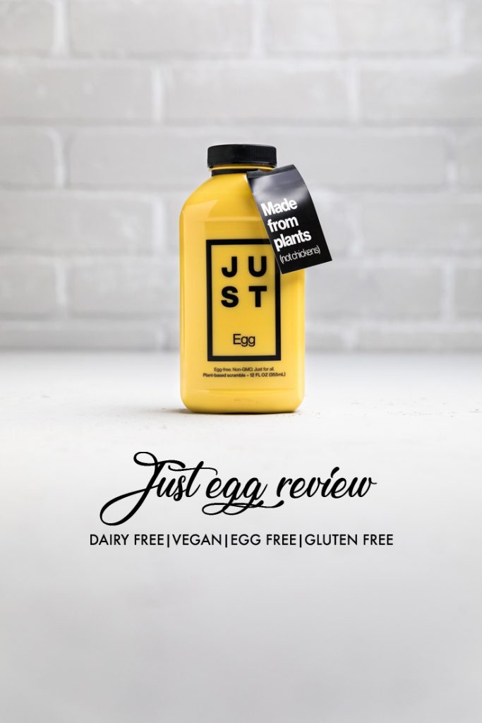 a bottle of Just Egg on a white table with the words just egg review overlayed.