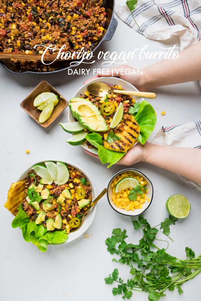 the words chorizo vegan burrito overlayed onto a table of chorizo bowls.