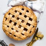vegan apple pie with a lattice top.