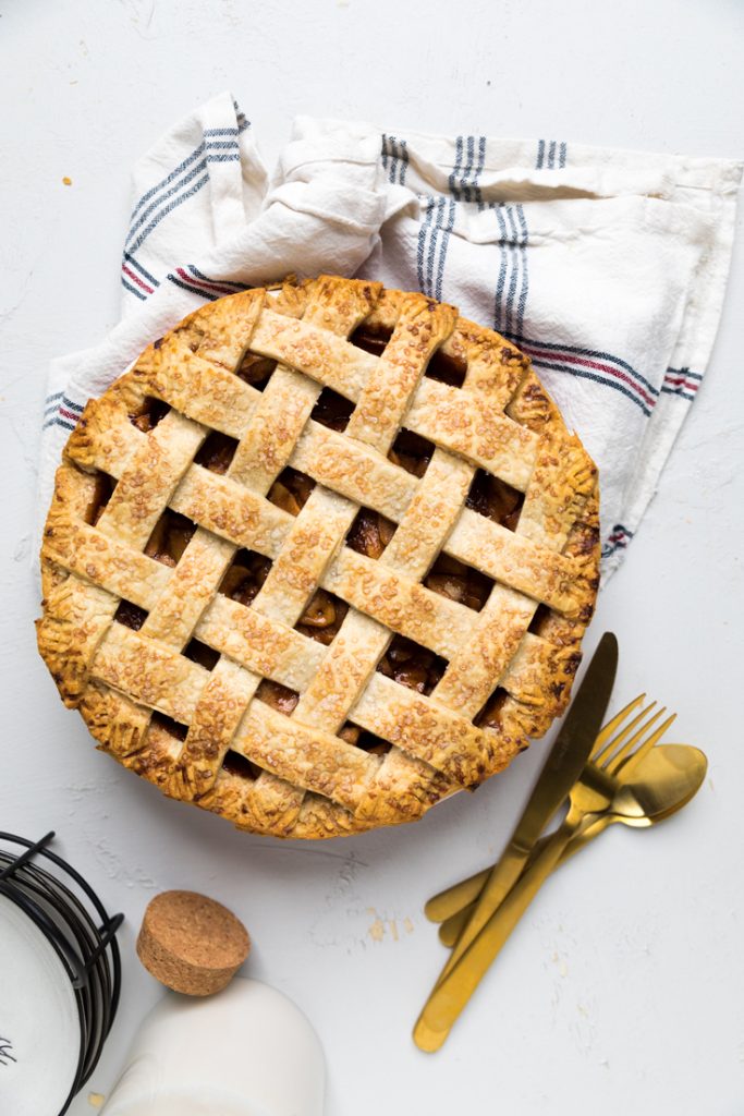 vegan apple pie with a lattice top.