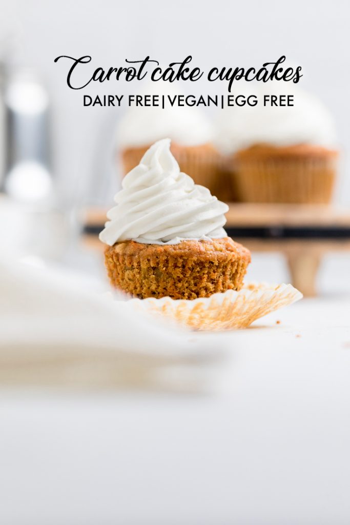 dairy free carrot cake cupcake with same words overlayed above.