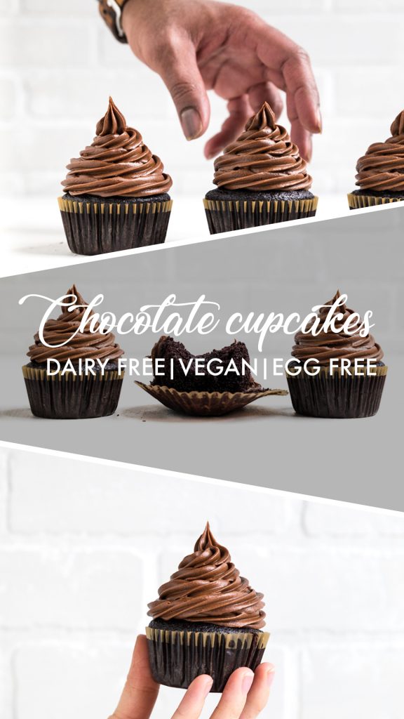 collage of dairy free chocolate cupcakes.