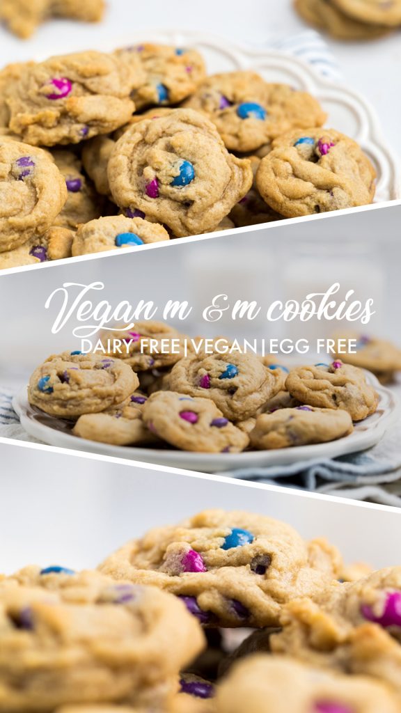 a collage of vegan m and m cookies with blue and pink candies.