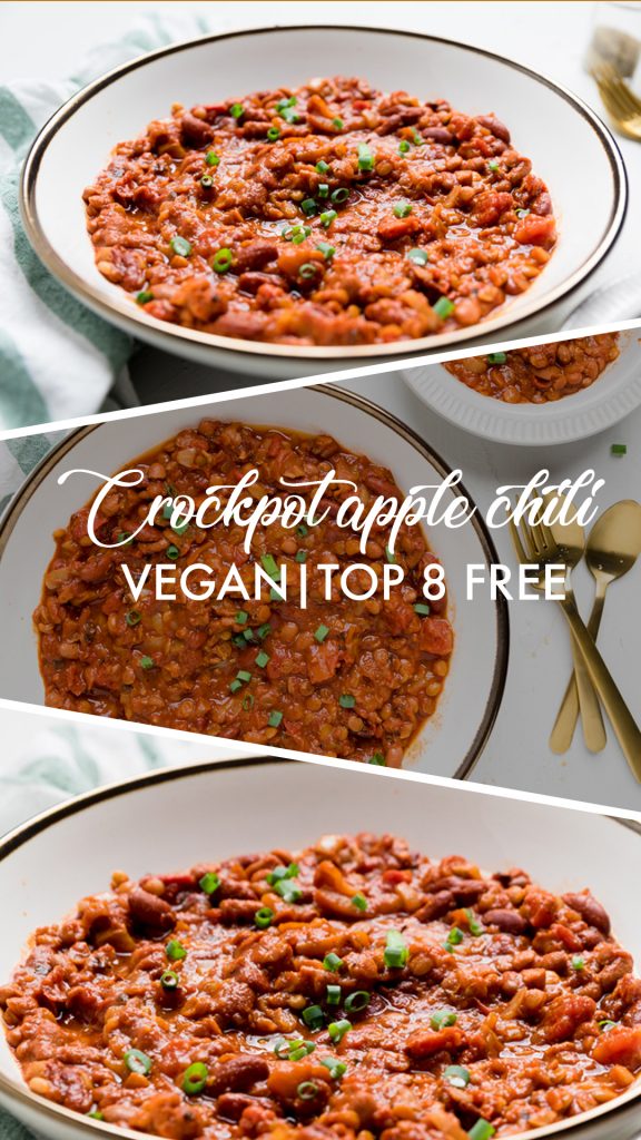 a collage of vegan apple chili.