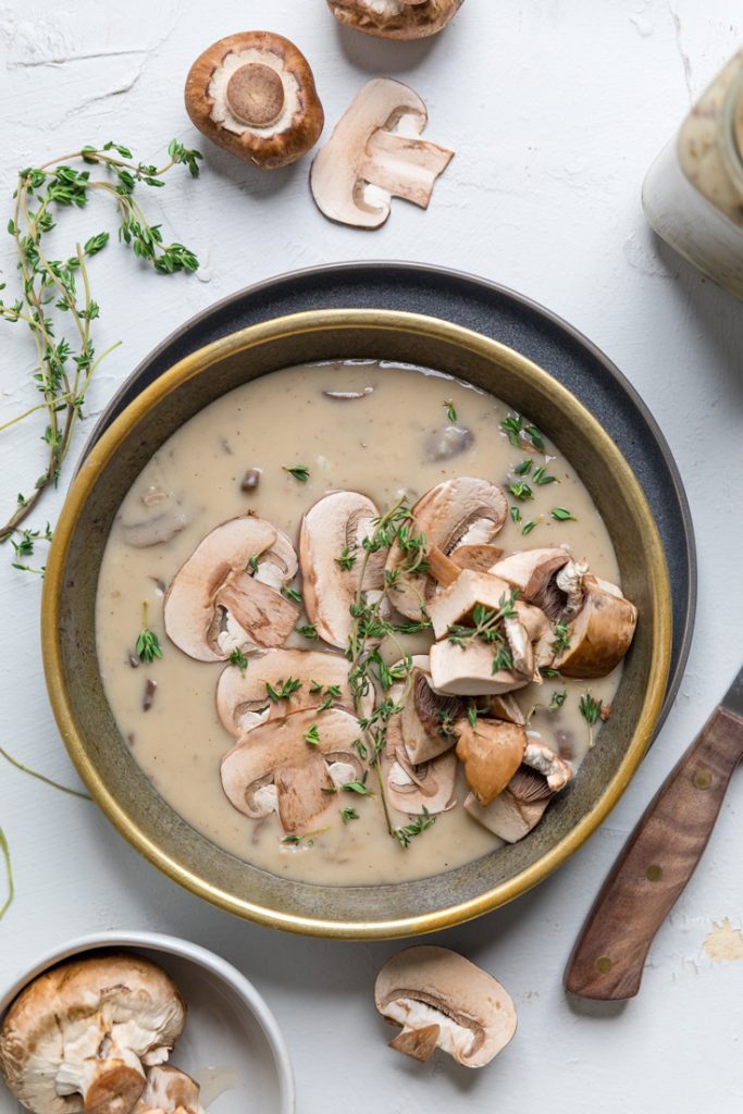 a single bowl of vegan mushroom soup.