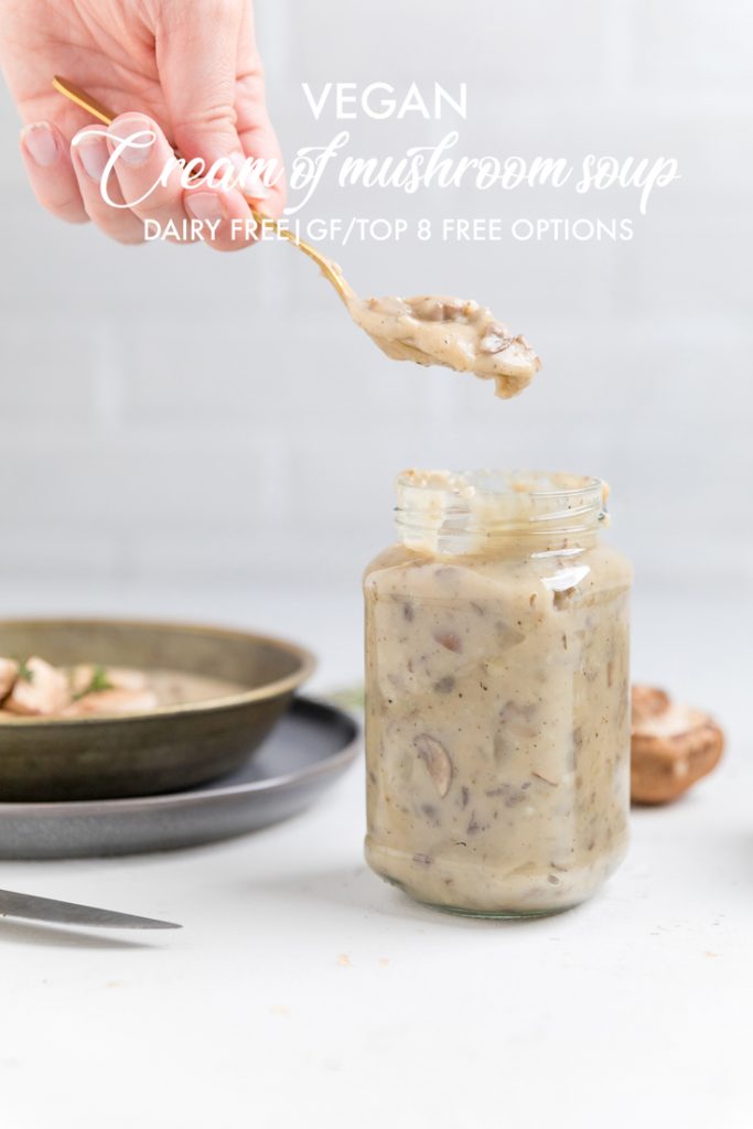 the words vegan cream of mushroom soup overlayed onto a jar of condensed mushroom soup.