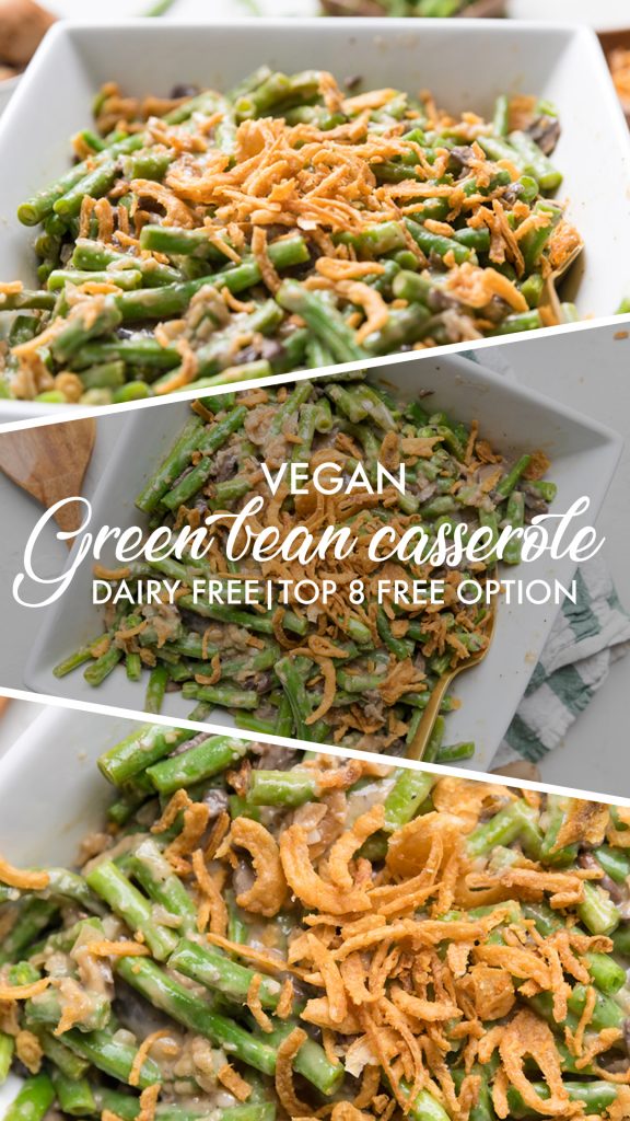 Collage of vegan green bean casserole.