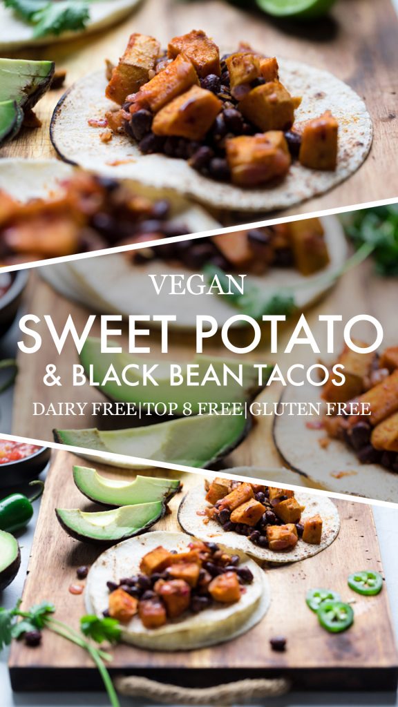 a collage of vegan sweet potato and black bean tacos.