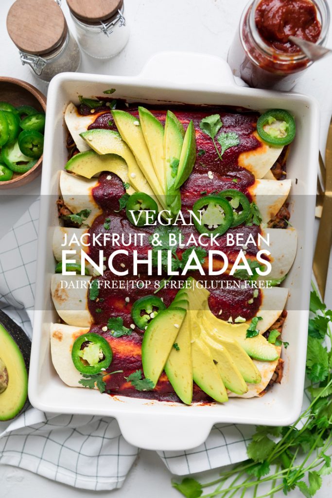 the words vegan jackfruit and black bean enchiladas overlayed onto a dish of them.