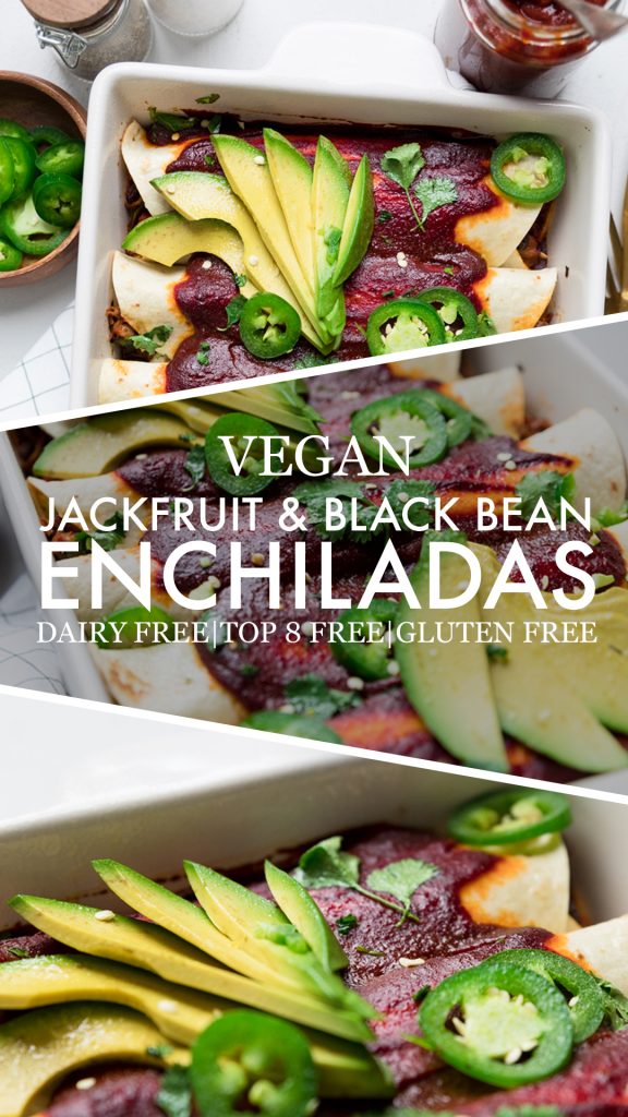 a collage of vegan jackfruit and black bean enchiladas.