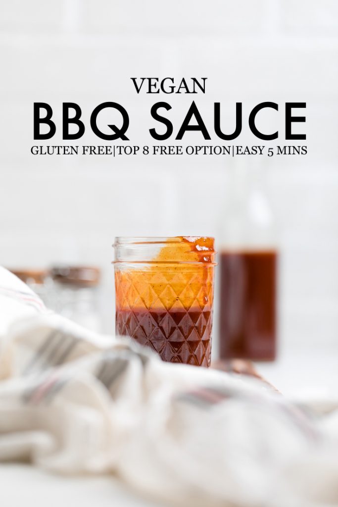 the words vegan bbq sauce overlayed onto a jar of sauce.