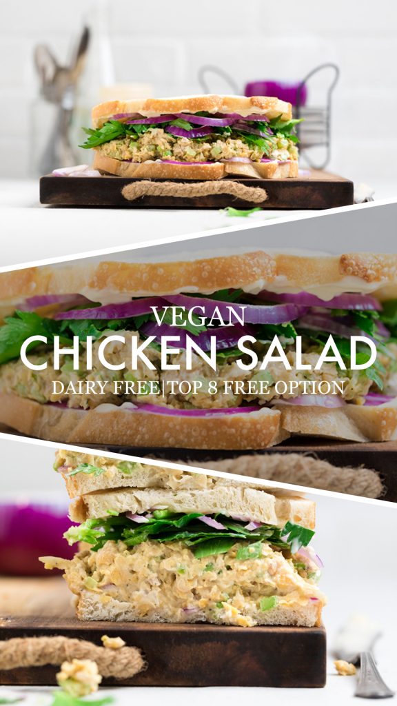 Collage of A vegan chickpea chicken salad.