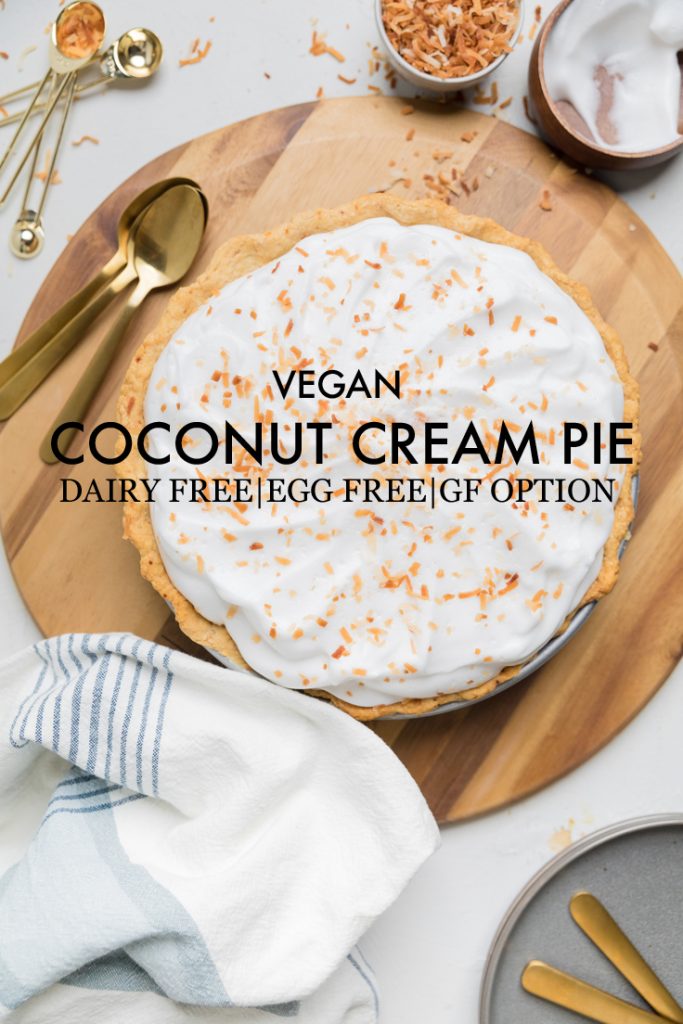 the words vegan coconut cream pie overlayed on a pie.