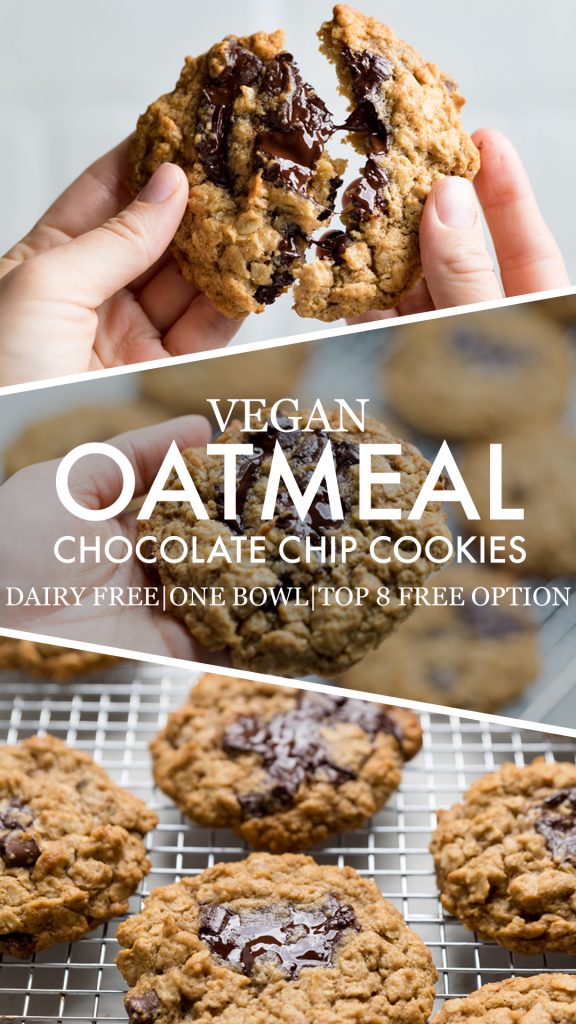 a collage of vegan oatmeal chocolate chip cookies.