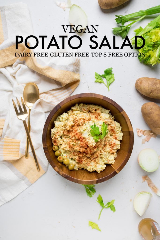 A bowl of vegan potato salad with the recipe name overlayed.