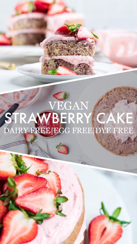 collage of vegan strawberry cake.