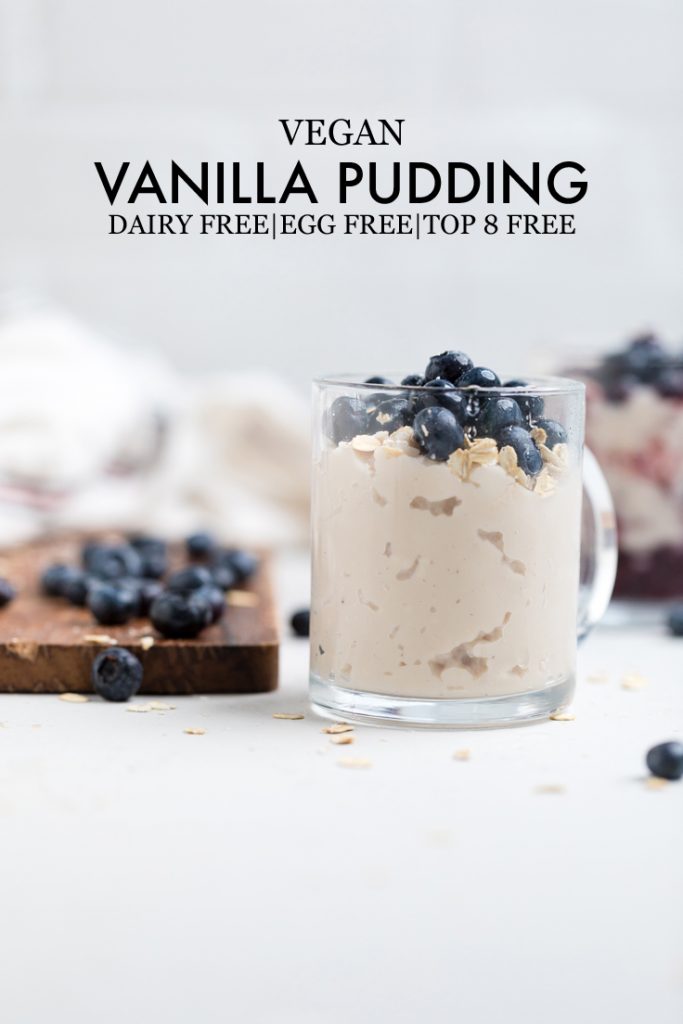 the words vegan vanilla pudding overlayed onto a glass of pudding.