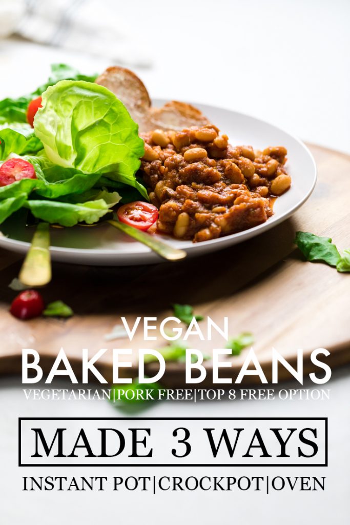 the words vegan baked beans made three ways overlayed onto a plate of beans.
