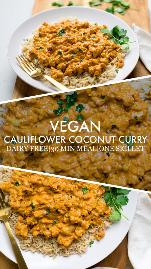 a collage of vegan cauliflower coconut curry.