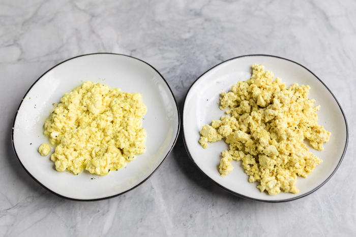 two plates of different vegan egg substitues.