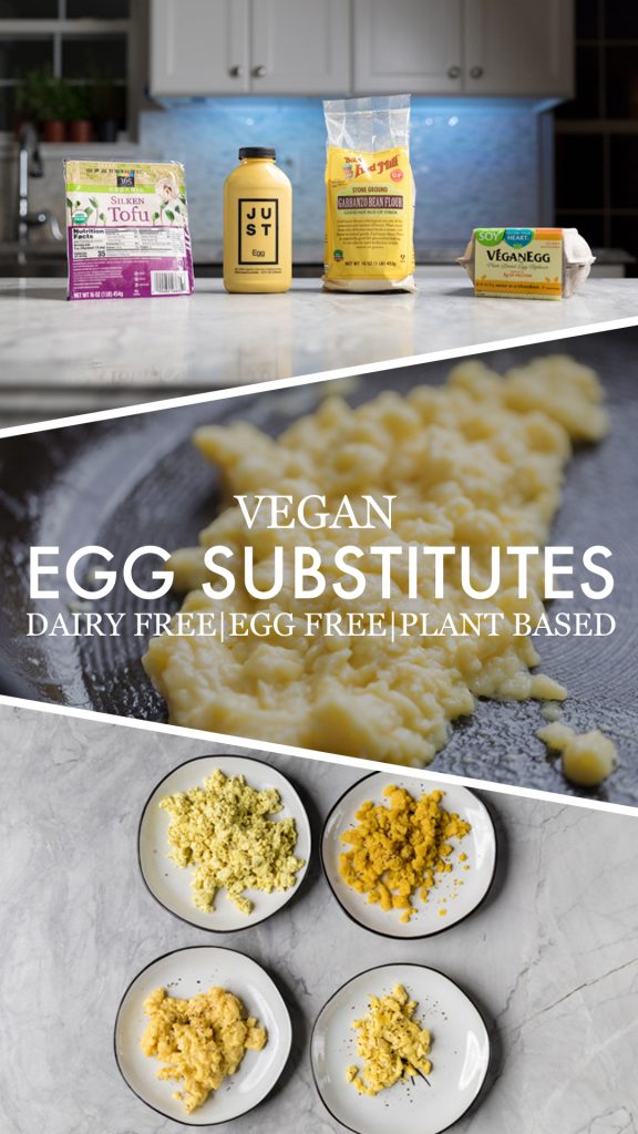 vegan egg scrambles and packages collage.