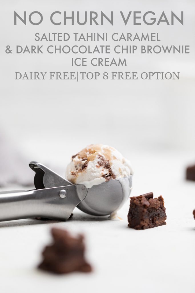 the words no churn vegan salted tahini caramel and dark chocolate brownie ice cream overlayed onto ice cream.